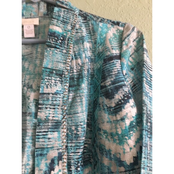 CHICO"S 0 XS-S LINEN BLEND SILVER BLUE RUFFLE BEADED OPEN COLLAR JACKET NWOT - Picture 2 of 4